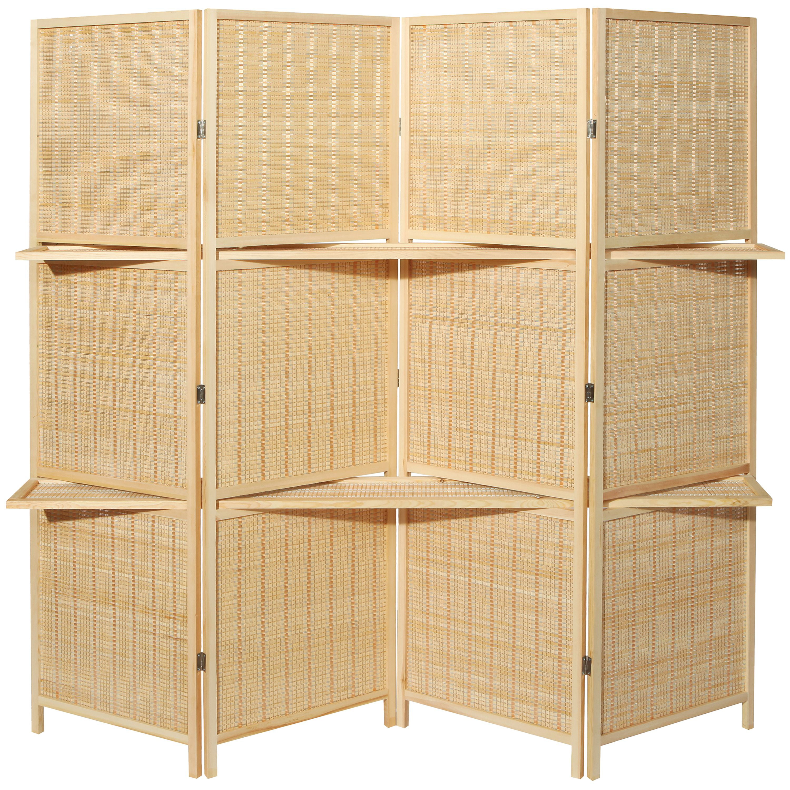 Brown MyGift Woven Wood 4 Panel Room Divider with 2 Removable Shelves