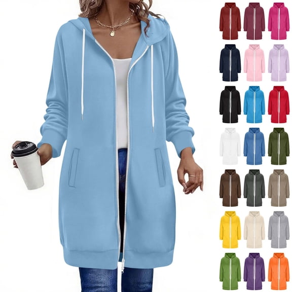 Fanshiluo Women's Zip Up Hoodie Long Jacket, Long Sleeve Casual Open Front Hooded Coat with Pockets,Size S-5XL