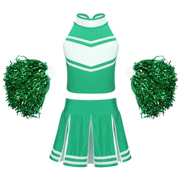 TiaoBug Junior Girls Cheer Leader Dress Cheerleading Outfit with Pom Poms Green 14