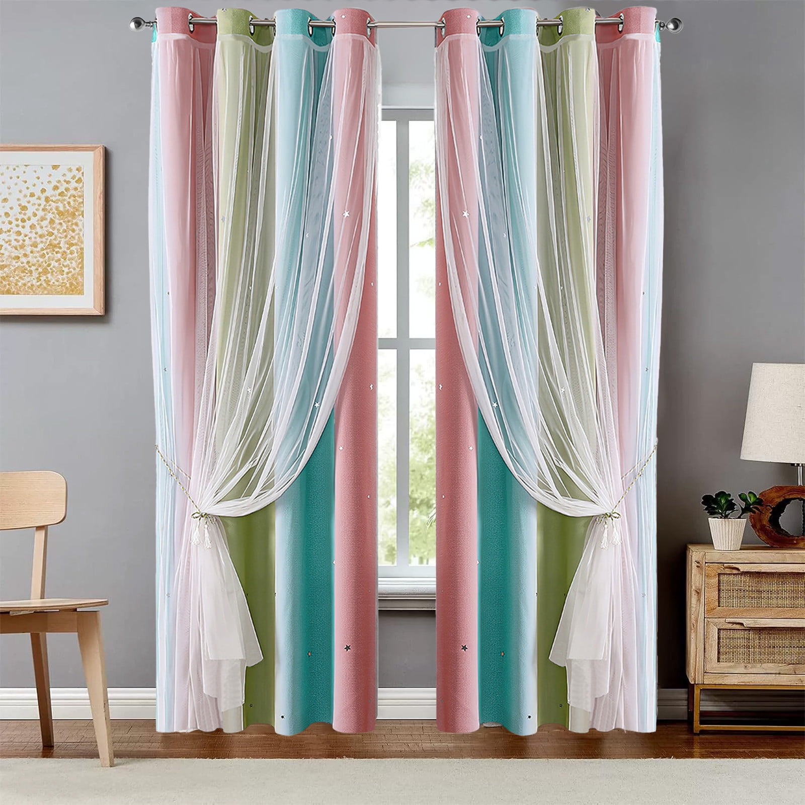 Ombre Rainbow Blackout Curtains for Girls Bedroom Living Room Darking Stripe Double Layer Star Cut Out Wall Home Decor Gradient Grommet Window Curtains (1 Panel, 39.37×51.18in)