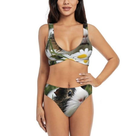 Zeuib Daisy Guinea Pig High Waisted Tummy Control Bikini Set - Knot Front Push Up Top & Cheeky Thong Bottom  Two-Piece Swimsuit for Women-XX-Large