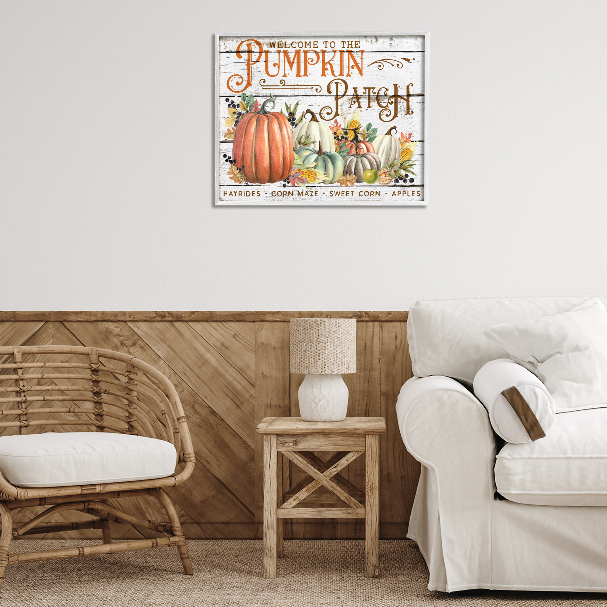 Stupell Industries Welcome Pumpkin Patch Holiday Painting White Framed Art Prints Wall Art, 30 x 24