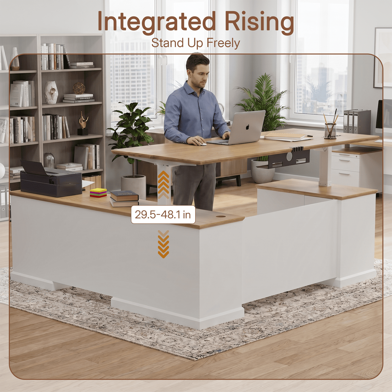 71" L-Shaped Executive Standing Desk, White Sit Stand Desk with Drawers, AC/USB Outlets, Storage Cabinet & Privacy Panel for Office & Home