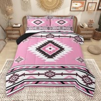 Manfei Pink Bohemian Aztec Queen Comforter Set, Vintage Abstract Triangle Bedding Sets, Teen Kid Adult Reversible Bedding Comforter Set, Lightweight Room Decor, 3pcs