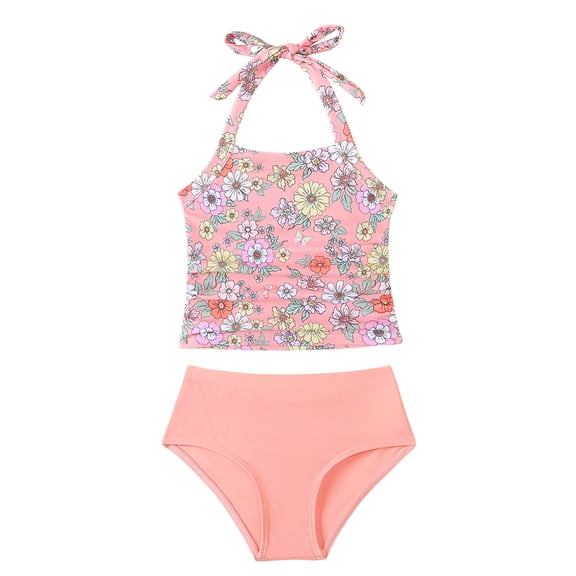 Kucnuzki 3T Toddler Girl Swimsuit Set 4T Child Gilrs Bathing Suit Halter Floral Top Bottoms 2pcs Bikini Set Summer Beach Breathable Tankini Set Pink
