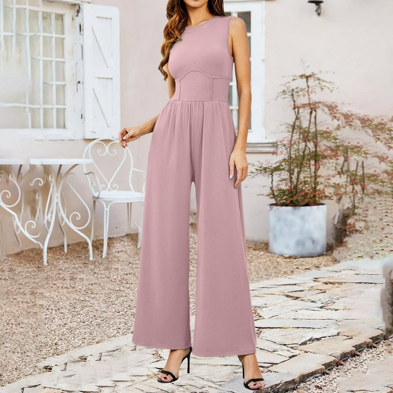 8QIDA Business Casual Long Inseam Pants for Women Casual Women Solid Sleeveless Wide Leg Jumpsuit Dressy Ribbed Jumpsuit with Summer Tank Romper Xxl