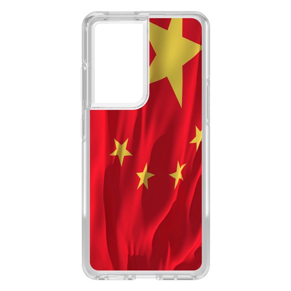 DistinctInk Clear Shockproof Hybrid Case for Galaxy S21 ULTRA 5G (6.8" Screen) - TPU Bumper, Acrylic Back, Tempered Glass Screen Protector - China Waving Flag Chinese