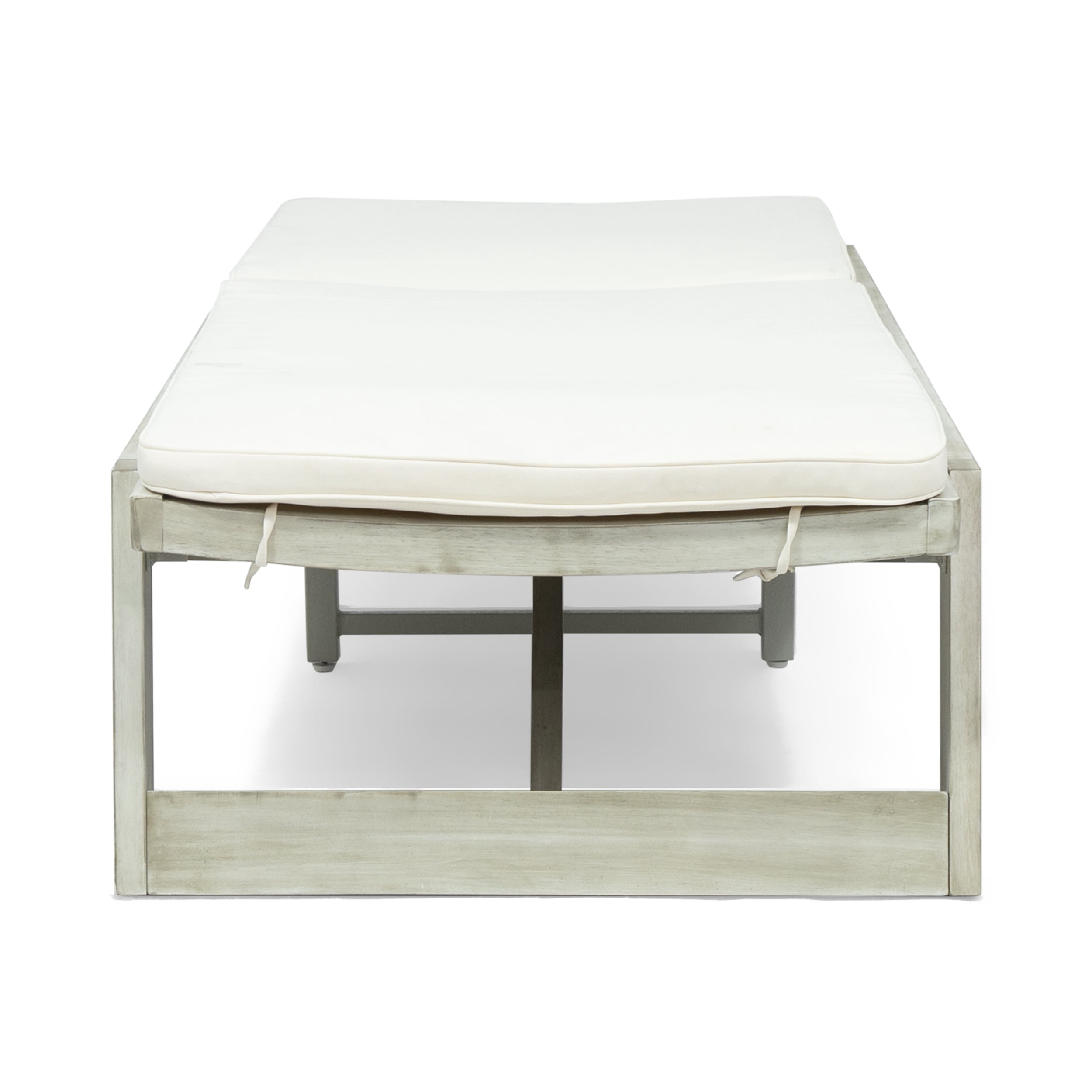Cullen Outdoor Acacia Wood Chaise Lounge and Cushion Set, Light Gray and Cream