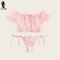 thumbnail image 3 of Conjunto de sujetador de malla Sexy para mujer, ropa interior con volantes y hombros descubiertos, sujetadores transparentes con puntos bonitos, Tanga de vendaje, lencería íntima, 3 of 5