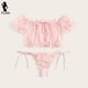 thumbnail image 3 of Conjunto de sujetador de malla Sexy para mujer, ropa interior con volantes y hombros descubiertos, sujetadores transparentes con puntos bonitos, Tanga de vendaje, lencería íntima, 3 of 5