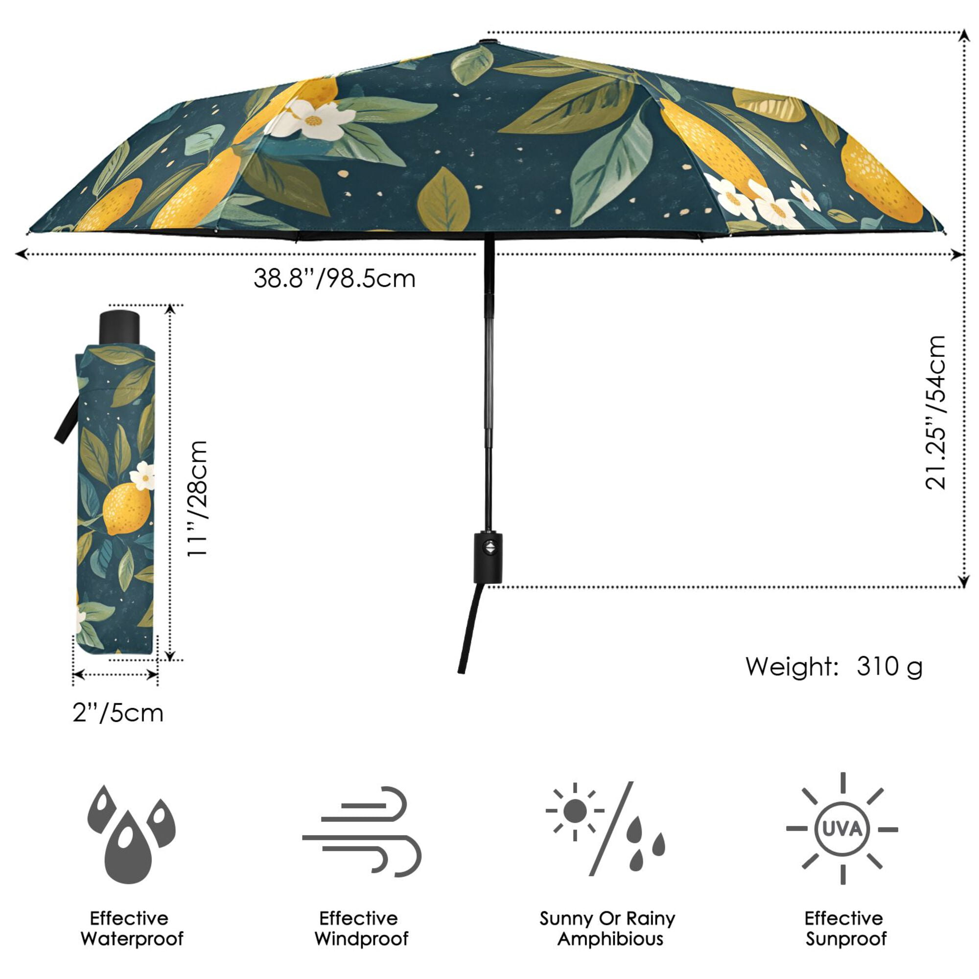 FORMRS Travel Umbrella Folding Auto Open Close Windproof Rain UV Protection, Blue Lemons