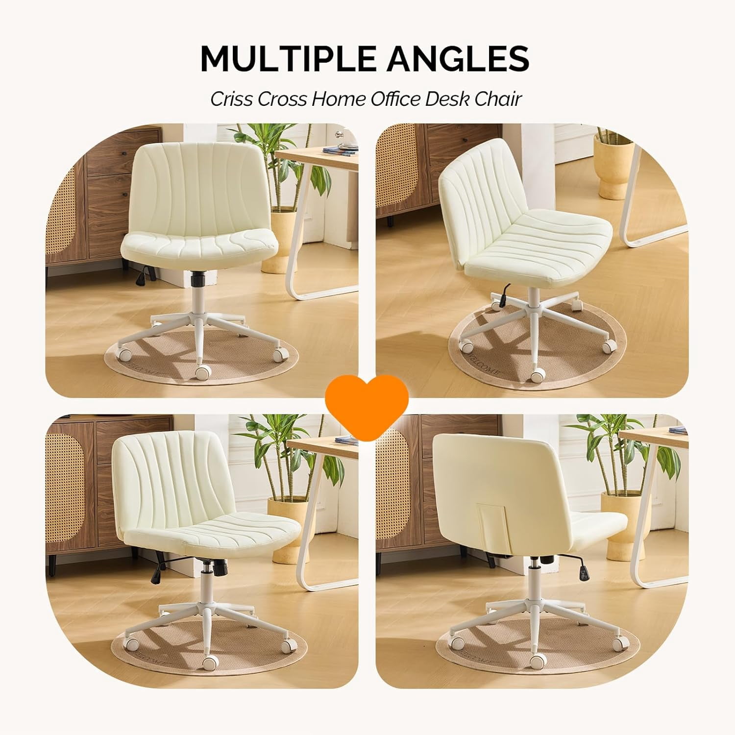 JOYMOR Modern Vanity Chair Dual-Use with/no Wheels, Armless Criss Cross Legged Chair, Swivel Wide Comfy Office Desk Chair, Computer Chair