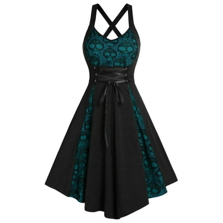

Fesfesfes Fashion Skeleton Mesh Lace Camisole Dress for Women Casual V-Neck Patchwork Waist Lace Up Mid Dress Ladies Sleeveless Camis Gothic Dresses Sale on Clearance