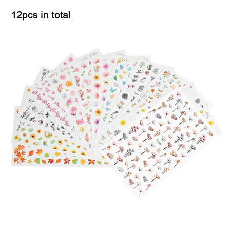 12 Sheets 3D Nail Sticker Decal Water Transfer Mixed Ink Flower Adhesive DIY Charm Manicure (Best Nail Adhesive Tabs)