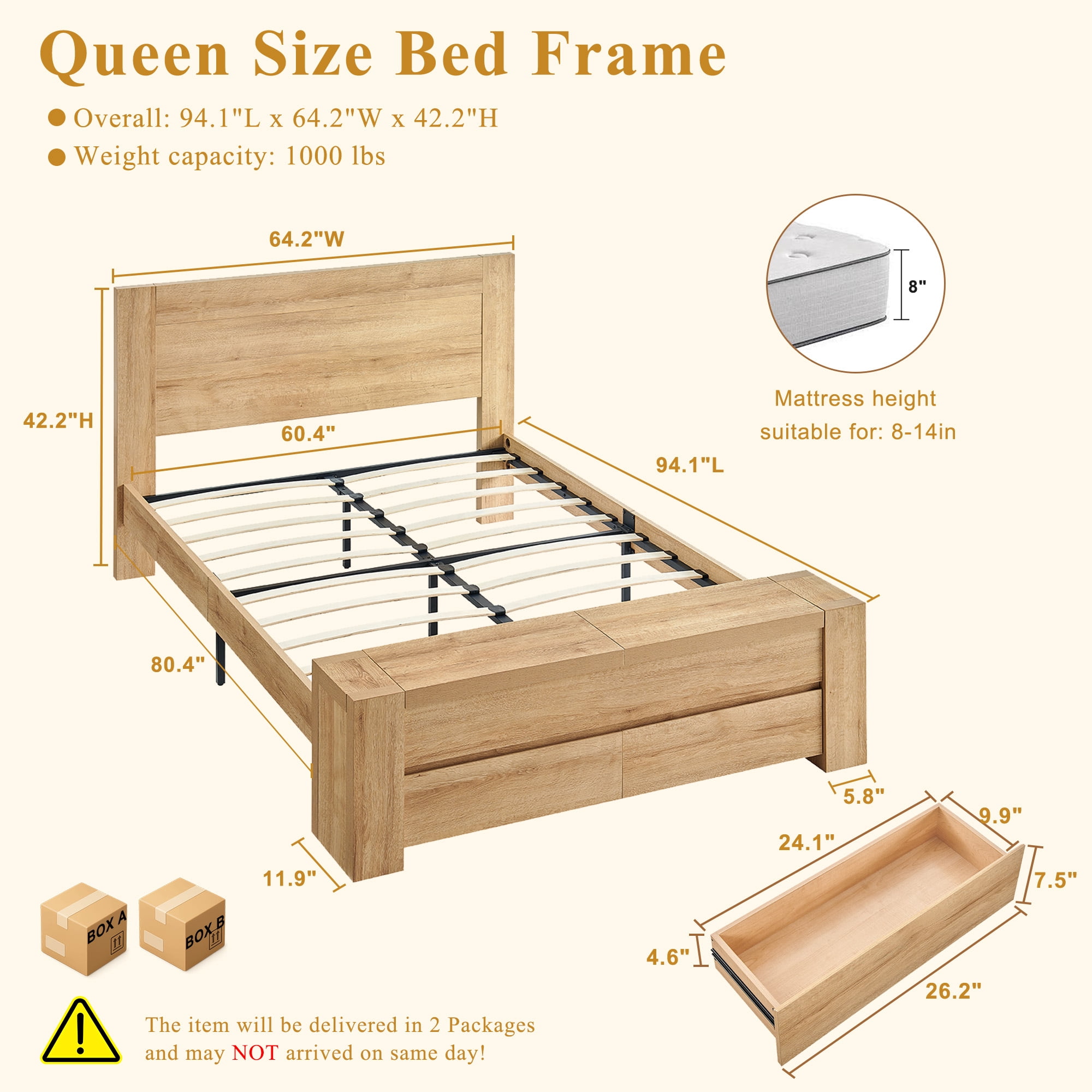KeyWhat Modern Queen Size Storage Bed Frame with Panel Headboard, Footboard Storage Bench, Built-In Drawers, Lift-Up Compartments, No Box Spring Needed, Natural Oak