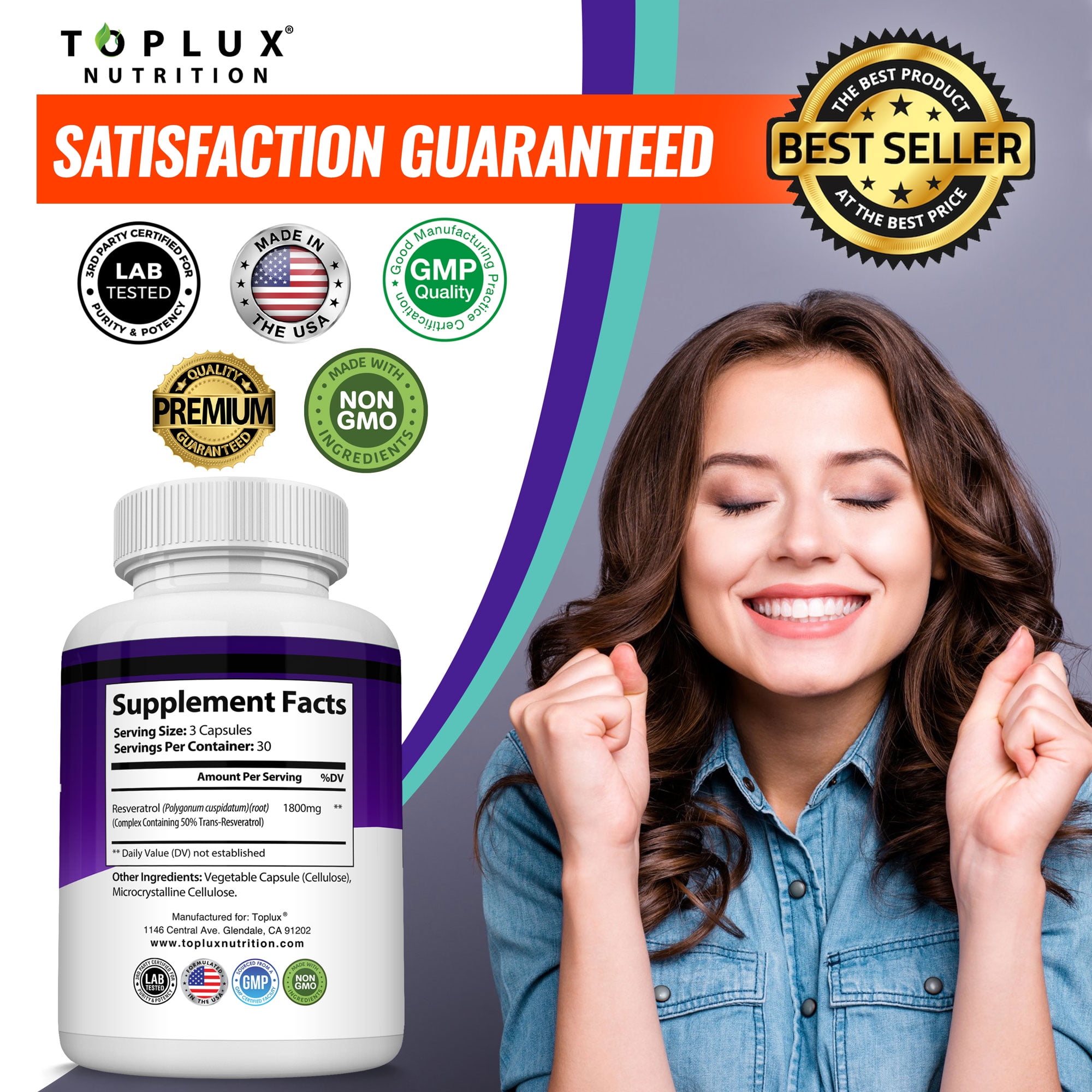 Toplux Resveratrol Supplement 1800mg Trans-Resveratrol for Antioxidant Anti-Aging Support 90 Capsules