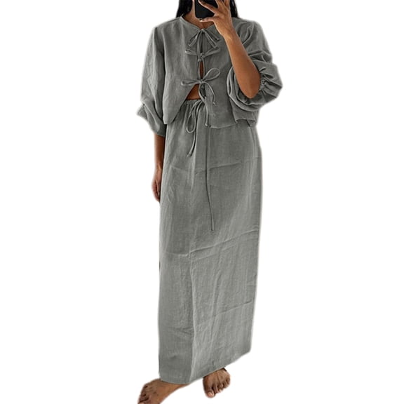 Women 2 Piece Skirt Sets Oversized Long Sleeve Top and Maxi Skirts Travel Vacation Set Gray L