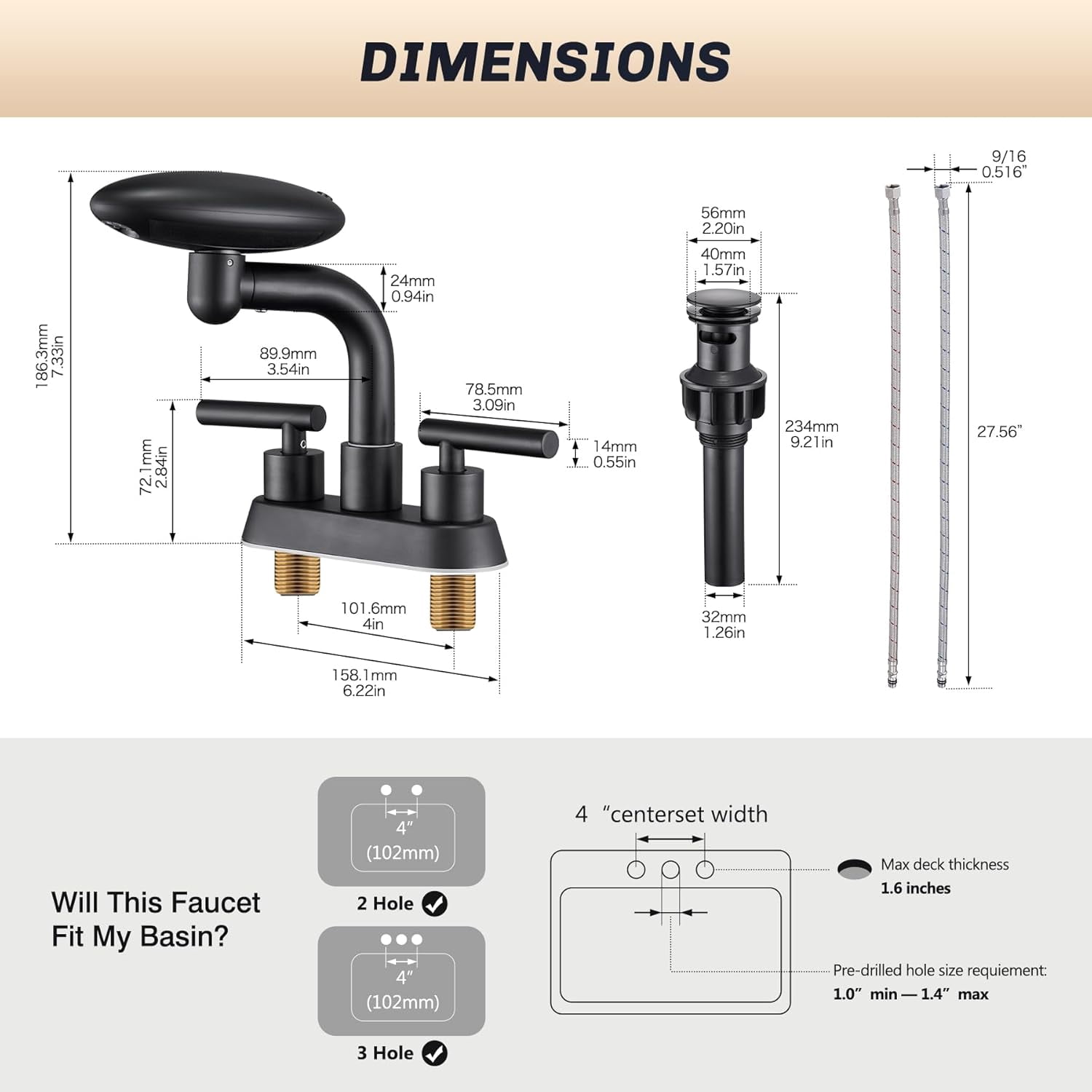 Matte Black Bathroom Sink Faucet，Modern 3 Hole Bathroom Faucet 2 Handle 4 Inch Centerset with 4 Water Outlet Modes, 360° Swivel Spout & Pop-Up Drain