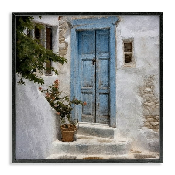 Stupell Industries Blue Greek Door Town & City Painting Black Framed Art Print Wall Art, 12 x 12