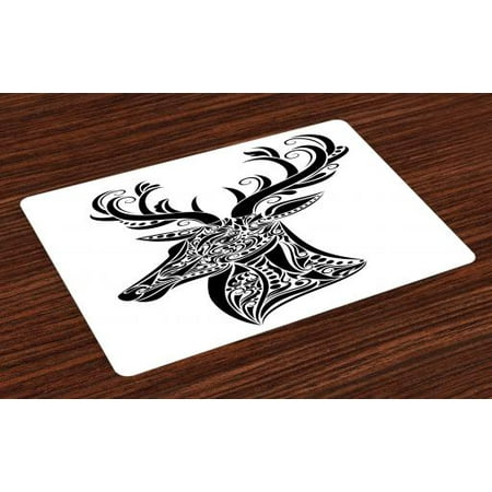 Antlers Placemats Set of 4 Tattoo Pattern in the Shape of a Deer Creative Portrait in Black and White Colors, Washable Fabric Place Mats for Dining Room Kitchen Table Decor,Black White, by (Best Place To Get A Portrait Tattoo)