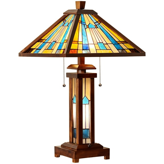 Tiffany Table Lamp 15X15X25 Inches Blue Wood Base Stained Glass Desk Lamp Decor for Living Room Bedroom Home Office