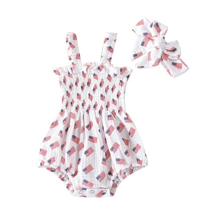 

JINSIJU Independence Day Baby Girls Romper Outfit Infant Star/Stripe/Flag Printing Lace Sleeveless Suspender Jumpsuit + Headwear Set