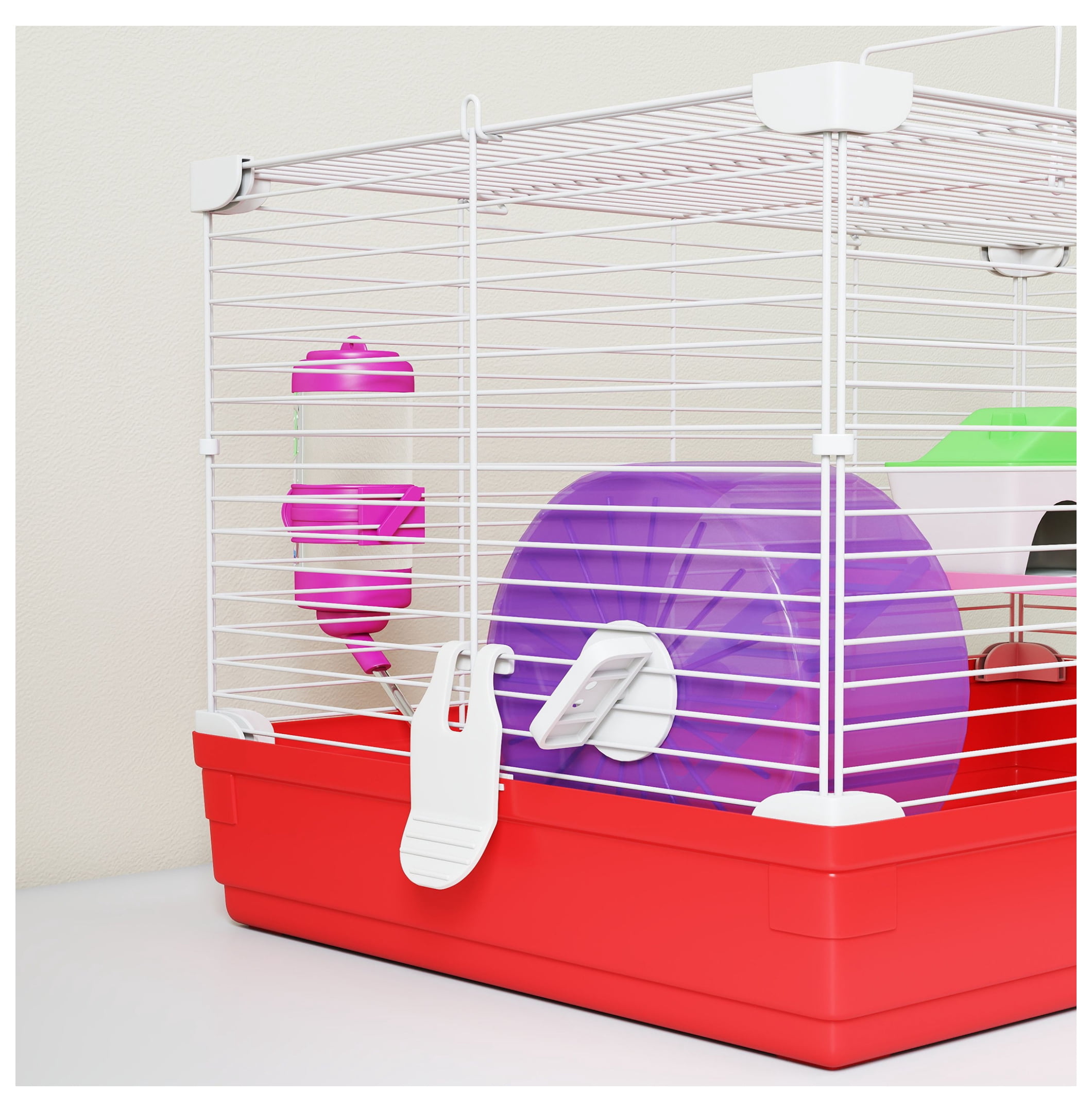Hamster Cage 18.5", 2-Story Small Animal Habitat Kit - Wheel, Bottle, Dish, Rat House - Red