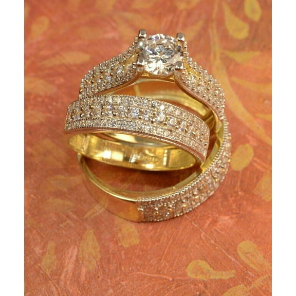 His & Her Trio Wedding Ring Set 2Ct Round Cut Simulated Diamond 14K Yellow Gold Plated