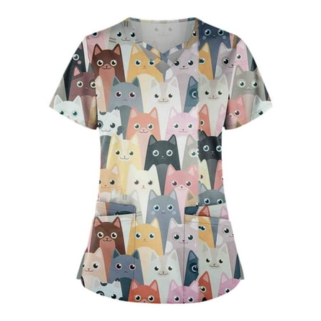 

ZXHACSJ Plus Size Cute Printed Scrub Working Uniform Tops For Women Cross V-Neck Short Sleeve Fun T-Shirts Workwear Tee With Double Pockets Pink XXXXL