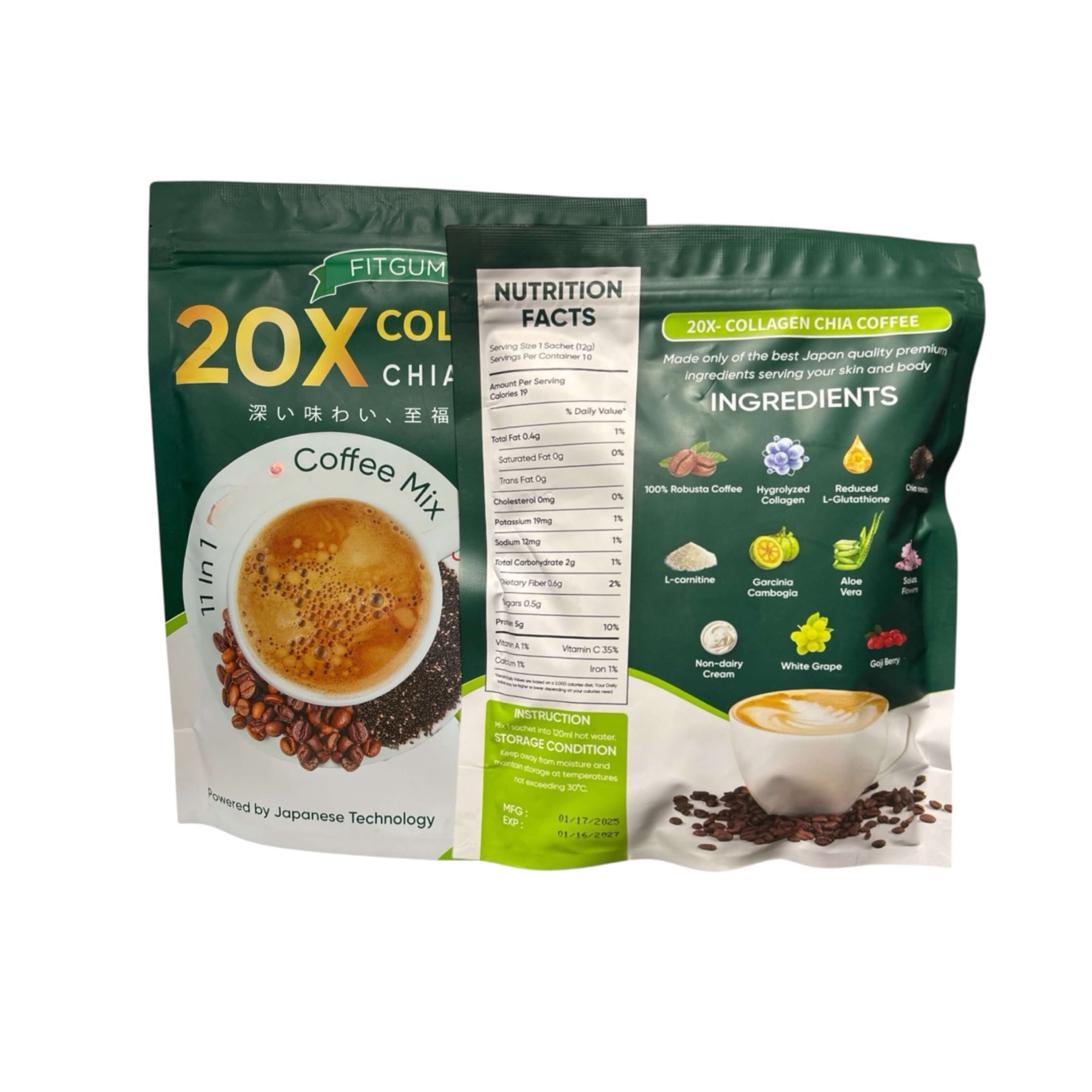 FITGUM 20X Collagen Chia Coffee - 11 in 1 Coffee Mix (3 Packs