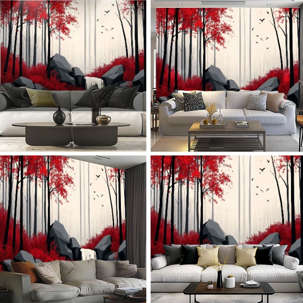 Peel and Stick Wallpaper Black White Red Woods Waterfall Landscape Foliage Dark Trees Red Trees Modern Art Wall Mural Decor Self Adhesive and Removable 69in x 98in