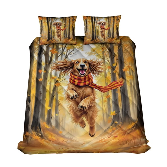 Welcome Fall Afghan Hound Strolling Through the Autumn Maple Forest Quilt Bedding Set Dog Lover 1 Blanket Bed Cover 2 Pillowcases - 12012