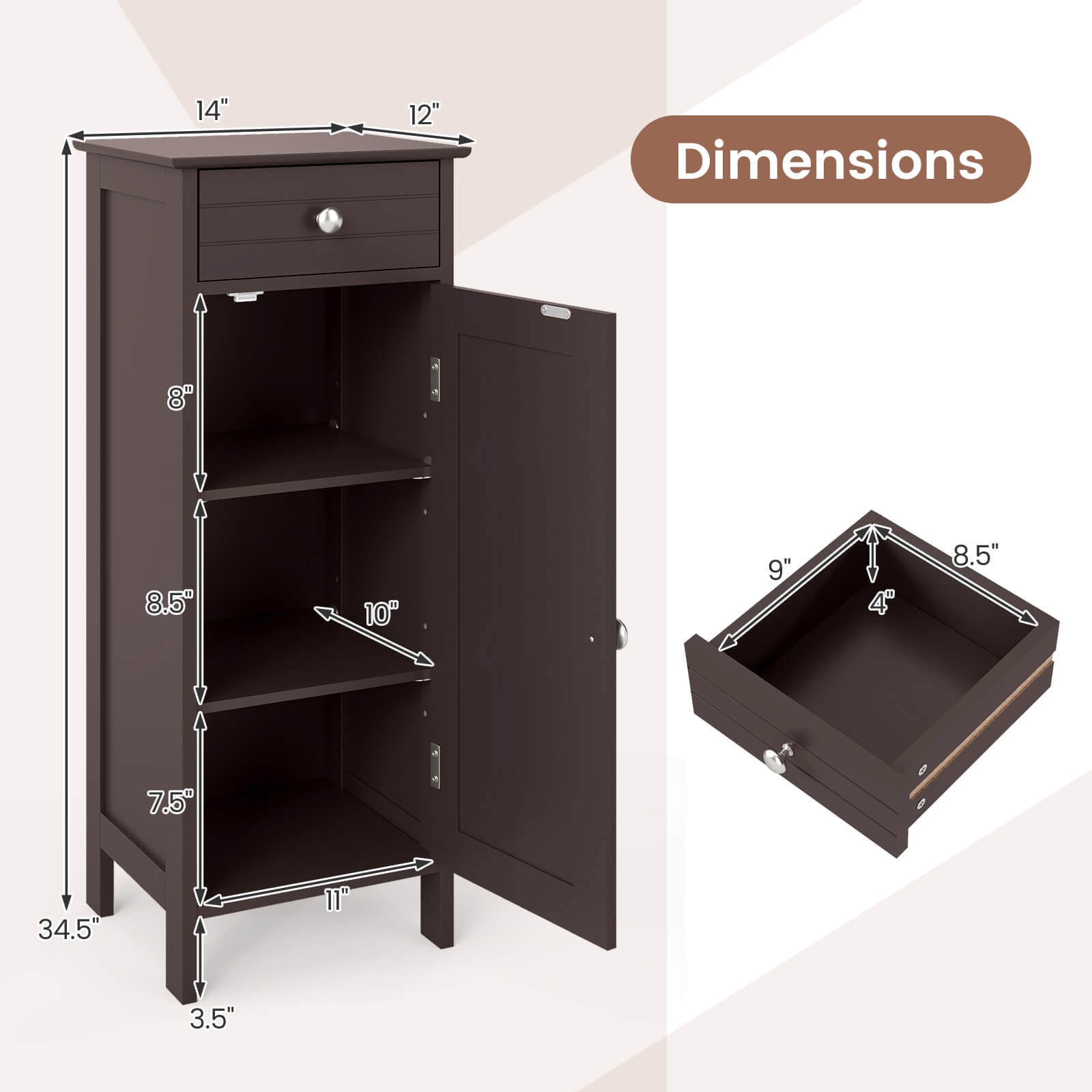 Costway Bathroom Storage Floor Cabinet Organizer Free-Standing w/ Drawer Brown