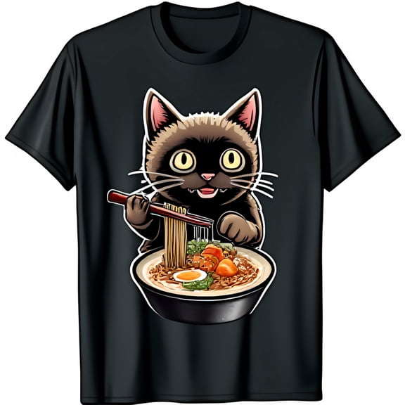 Funny Black Cat Eating Ramen T-Shirt Cute Cartoon Cat with Chopsticks Steaming Noodles & Veggies