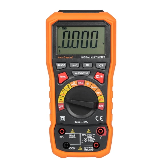 Lepmerk Multimètre Numérique Haute Précision avec Alèse Automatique, 6000 Unités, Mesure Tension/courant/résistance/capacité/fréquence/cycle de Service, Orange PM8250 avec Piles Incluses