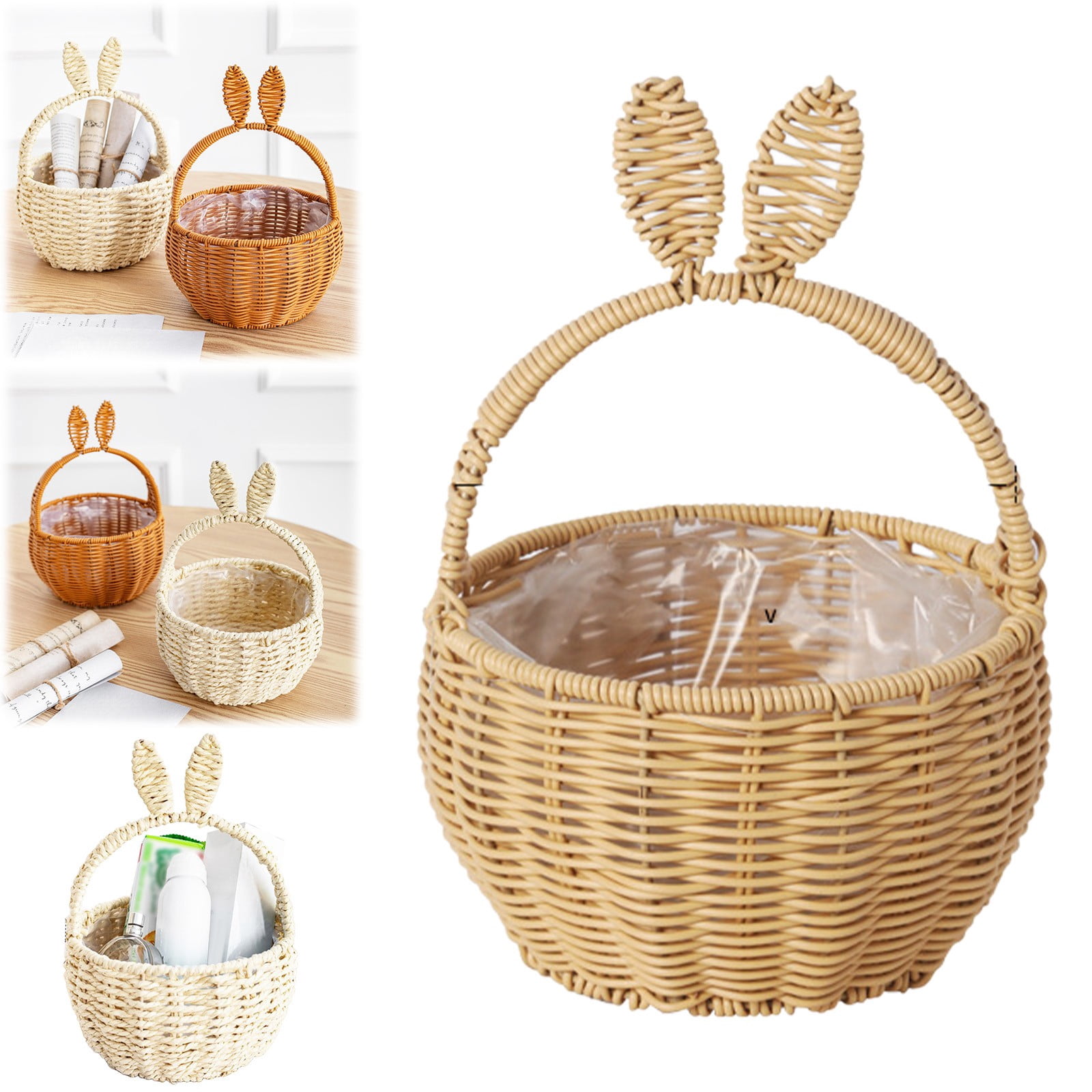 Woven Easter Basket with Handle, Bunny Easter Baskets, Easter Egg Hunt Carrier Baskets, Easter Woven Picnic Basket with Cute Rabbit Ears, Small Gift Wicker Wicker Storage Basket, Party Supplies
