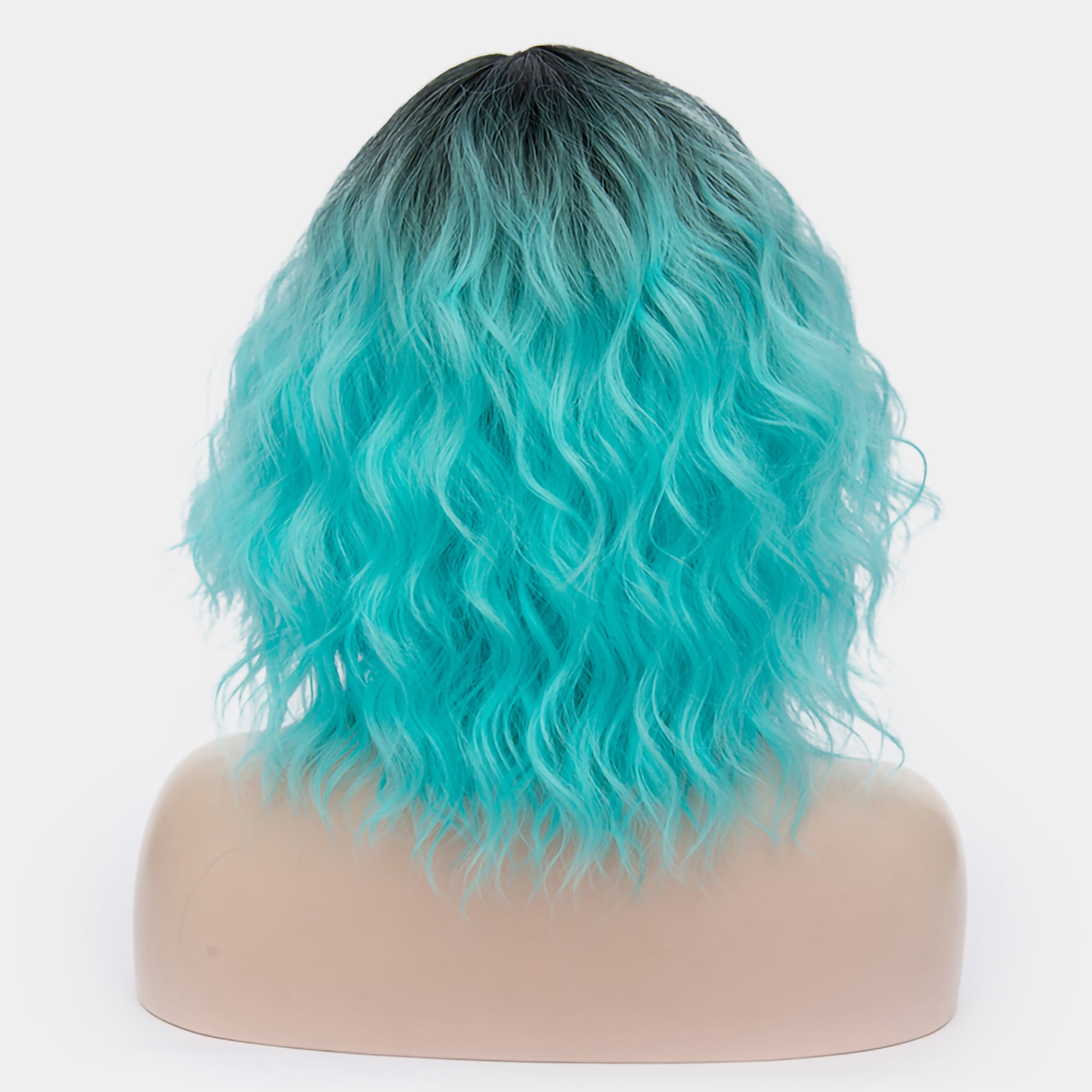 Unique Bargains Human Hair Wigs for Women Lady Curly Wig Cap Fluffy Curly Wavy Black Blue