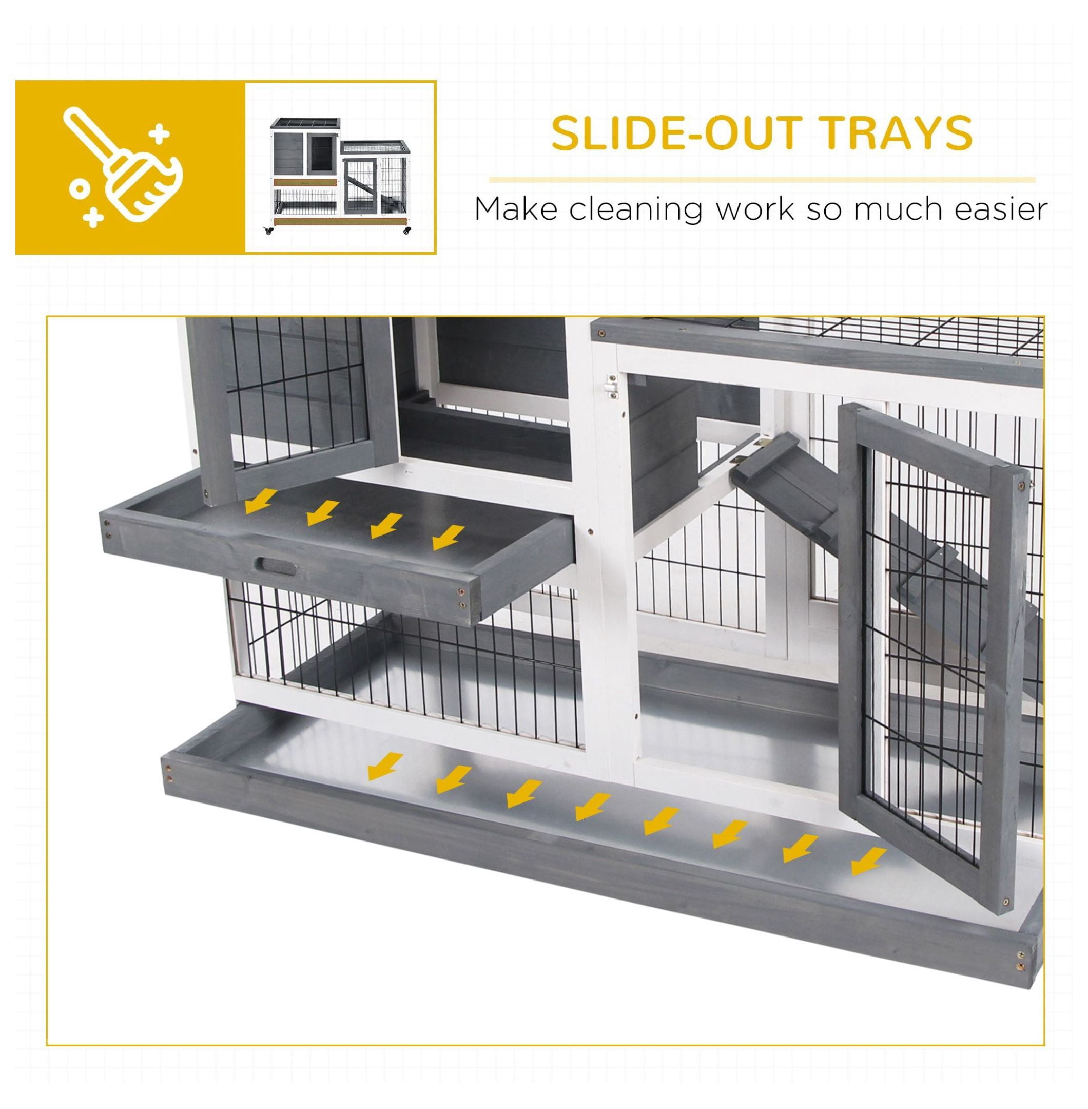 Elevated Bunny Cage Indoor Rabbit Hutch with Wheels Ramp Removable Tray for Guinea Pigs Gray