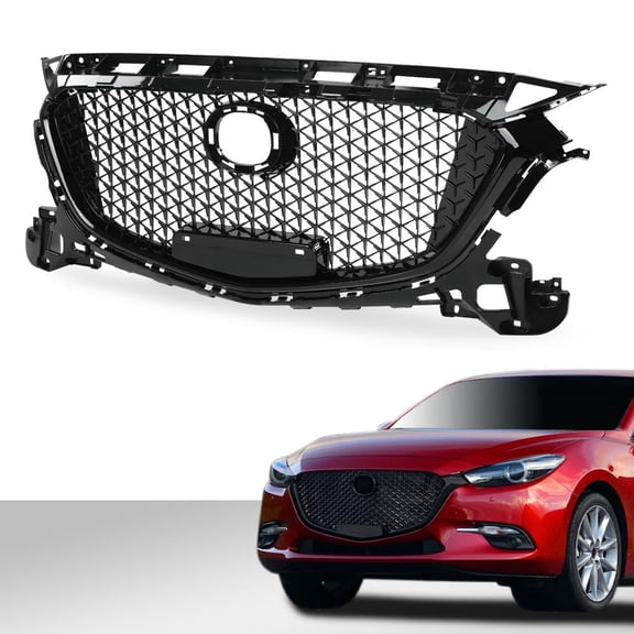 PIT66 Front Bumper Grille Grill Honeycomb Glossy Black Fit For 2017-2019 Mazda 3 Axela