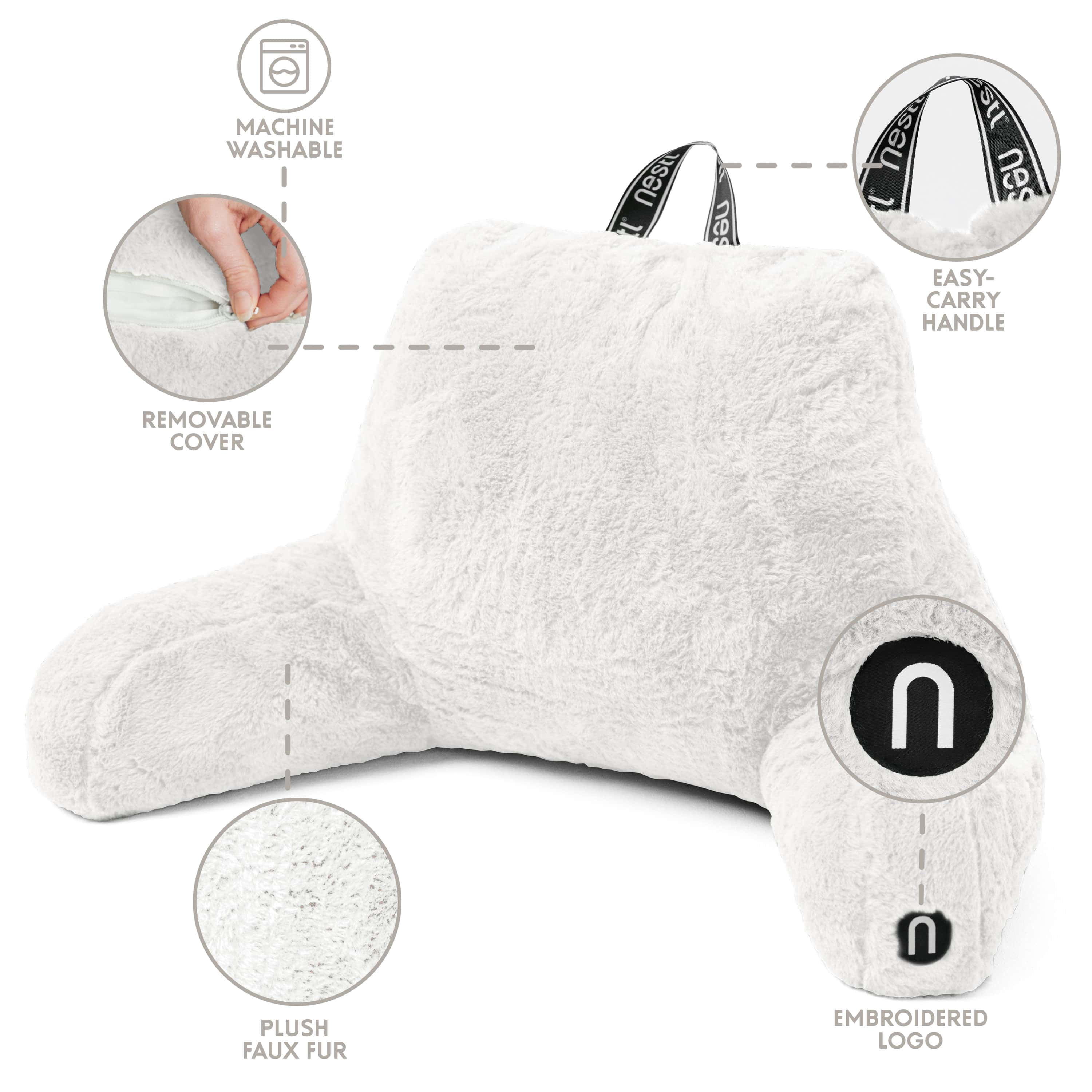 Nestl Fur Reading Pillow with Lap Desk, Stylish Arm Rest Pillow, Lap Desk with Backrest Pillow for Sitting in Bed, Faux Fur, White