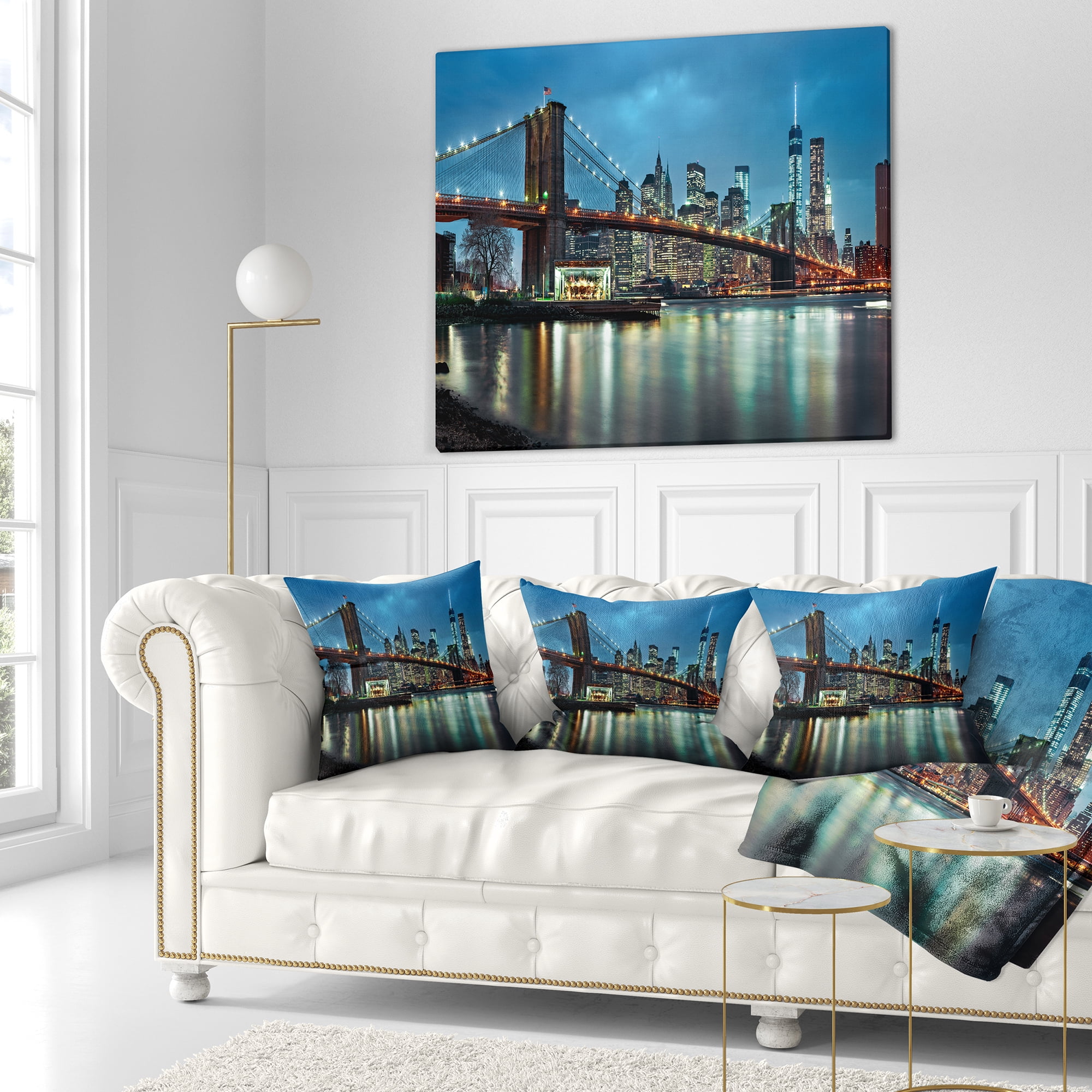 Designart Brooklyn Bridge and Skyscrapers - Cityscape Throw Pillow - 16x16