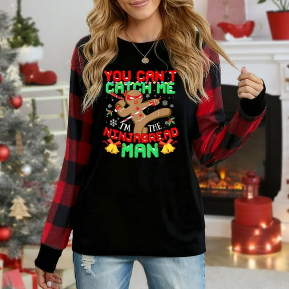 Women's "You Can't Catch Me I'm The Ninjabread Man" Christmas Long Sleeve Top, Black with Red Plaid Sleeves, Festive Gingerbread Graphic, Casual Holiday Wear
