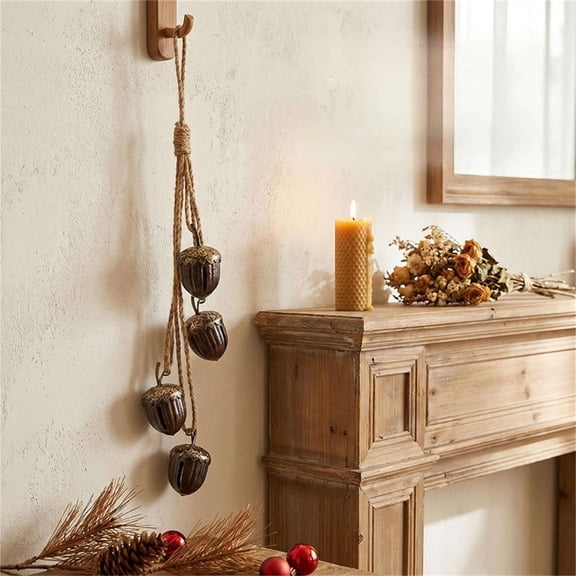 Pinecone Bell Hanging Ornament, Vintage Metal Acorn Bells with Jute Rope, Rustic Fall Thanksgiving Christmas Decor for Front Door, Wall, Fireplace, Window and Tree 17 inch