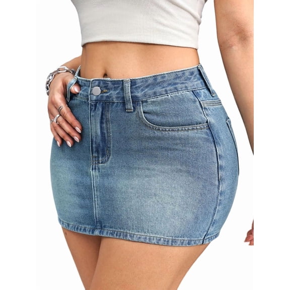 Women's Denim Jean Mini Y2K Low Waisted Cute Skirts Pockets Skirt for Casual Light Blue S