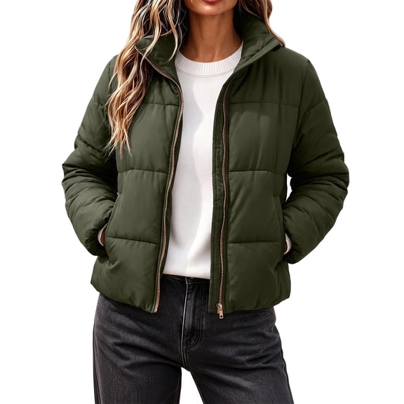 Edvintorg Womens Puffer Jacket Plus Size Collared Cropped Quilted Coat Long Sleeve Zip up Padded Outerwear with Pocket Women's Clothes Army Green S-3XL