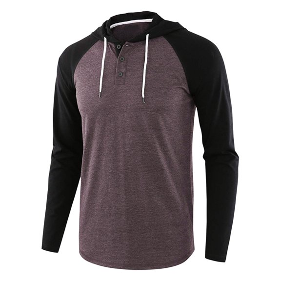 Yuncity Tees For Men Hooded Button Crew Neck Raglan Sleeve Colorblock Summer Breathable Loose Outdoor Daily Wear Men's T-Shirts Size L Black