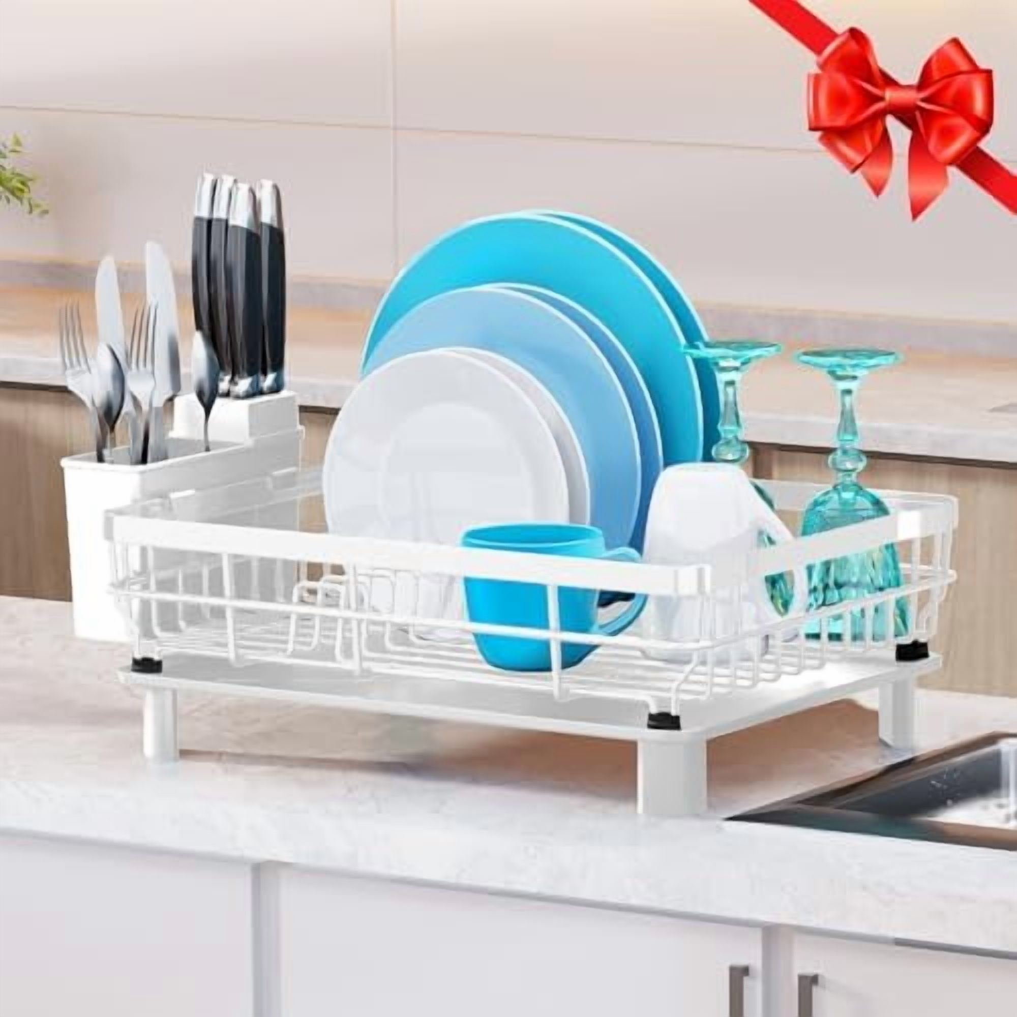 Dish Drying Rack, Dish Rack, Stainless Steel Dish Racks for Kitchen Counter, Dish Drainer with Removable Utensil Holder, Drainboard (White,13''W x 17''L)