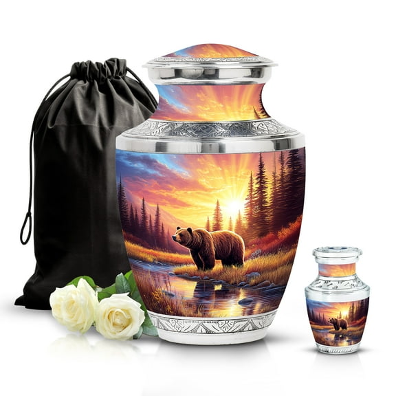 SABURIAL Sunset Bear Tribute Urns For Human Ash – Decorative Cremation Urn For Adult Human Ashes - Unique For Men & Women -burial Urns - Small Keepsake - Combo 2- Large 10 Inch & Small 3 Inch