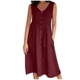 thumbnail image 3 of IROINNID Women Summer Casual Dress Solid Color Crew Neck Short Sleeve Pocket Knee Length Loose Fit Daily Wear Party Outing Comfortable Soft Fabric(Wine,XL), 3 of 7