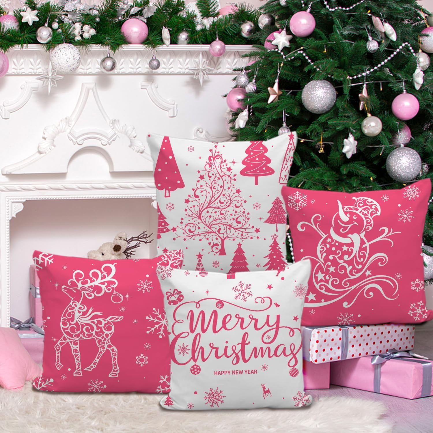 Pink Christmas Throw Pillow Covers 20x20 Set of 4 Christmas Decoration Trees Deer Snowman Merry Christmas Decorative Holiday Farmhouse Pillow Covers for Holiday Christmas Decoration